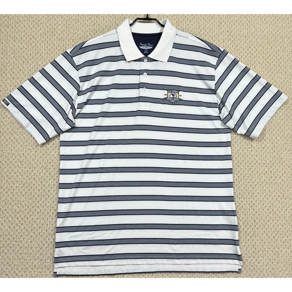 Straight Down Polo Men L Blue Stripe US Open Pebble Beach Performance Golf Shirt